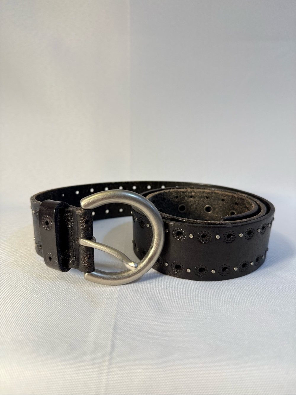 Fossil Black Leather Belt with Perforated Floral Detailing